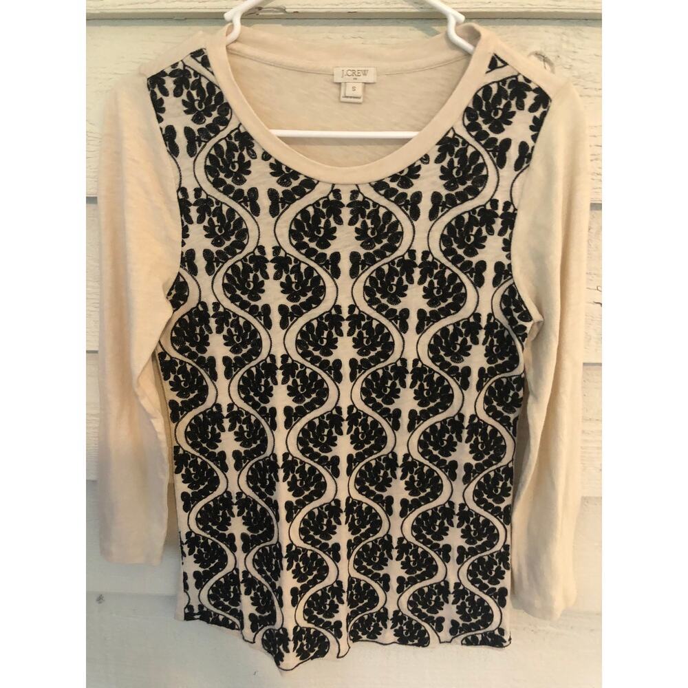 J.Crew Small Cream Black Embroidered Floral Long Sleeve Top - Picture 2 of 4